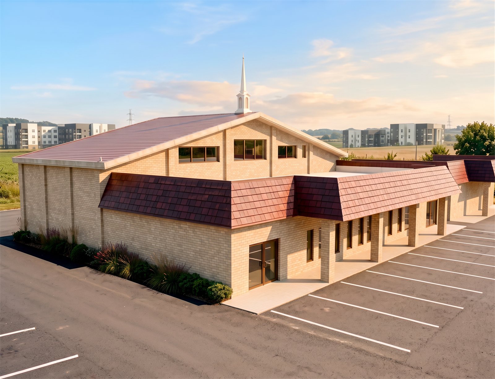 Angled exterior rendering of the church showing the entry and roofline
