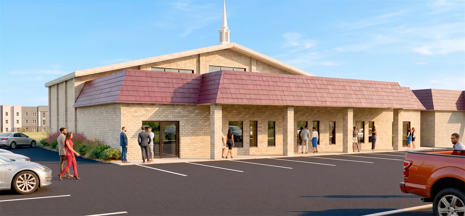 Exterior rendering of a church building with parking and landscaping